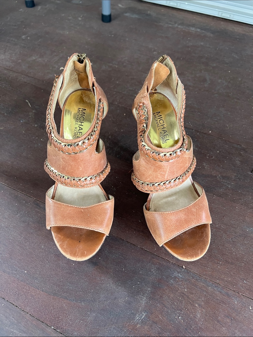 Michael Kors Braided Strap Open-Toe Leather Heels in Tan